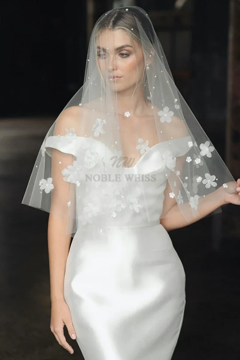 Voile de Mariage à Une Couche, Fleurs 3D, en Tulle, pour Patients, avec Perles, Court, Personnalisé