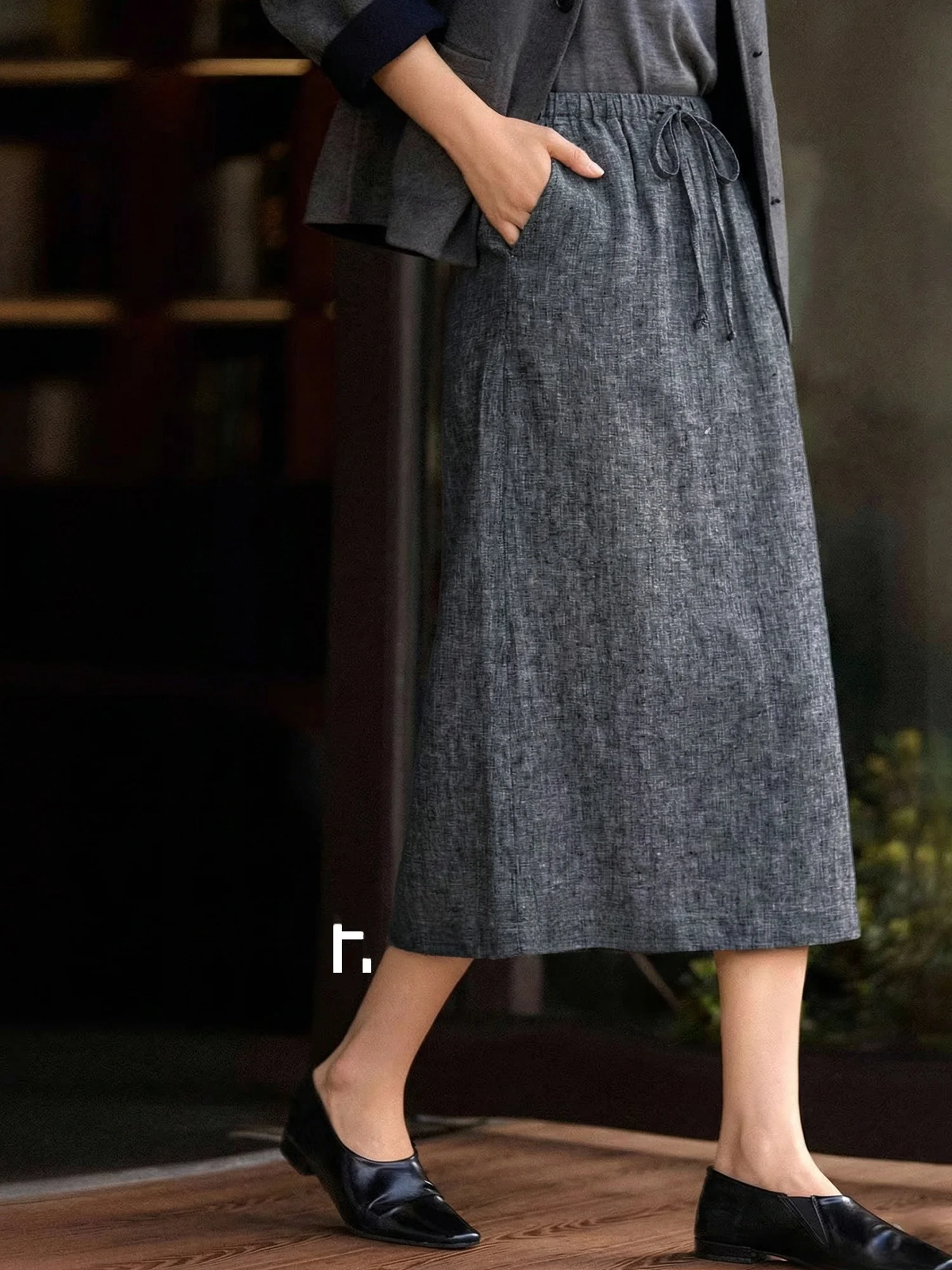 

Льняная юбка с эластичной талией для женщин, свободная, стройнящая, миди, Chivirin, весенняя коллекция