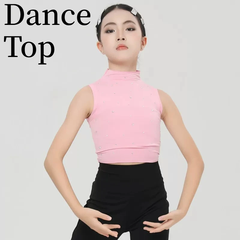 Girl Rhinestone Tight Sleeveless Dance Tank Top Jazz Training Vest Children Daily Practice Exam Stage Performance Versatile Wear