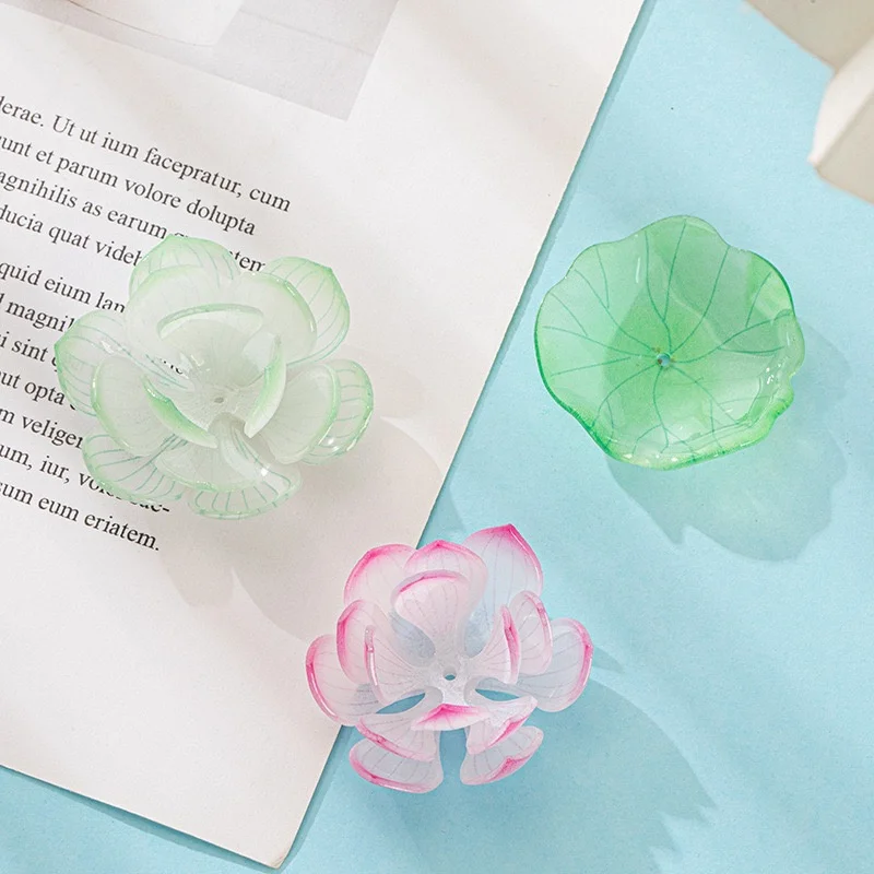 Min order 20pcs/lot color print cartoon Lotus flowers leaves shape handmade acrylic floral beads diy jewelry garment accessory