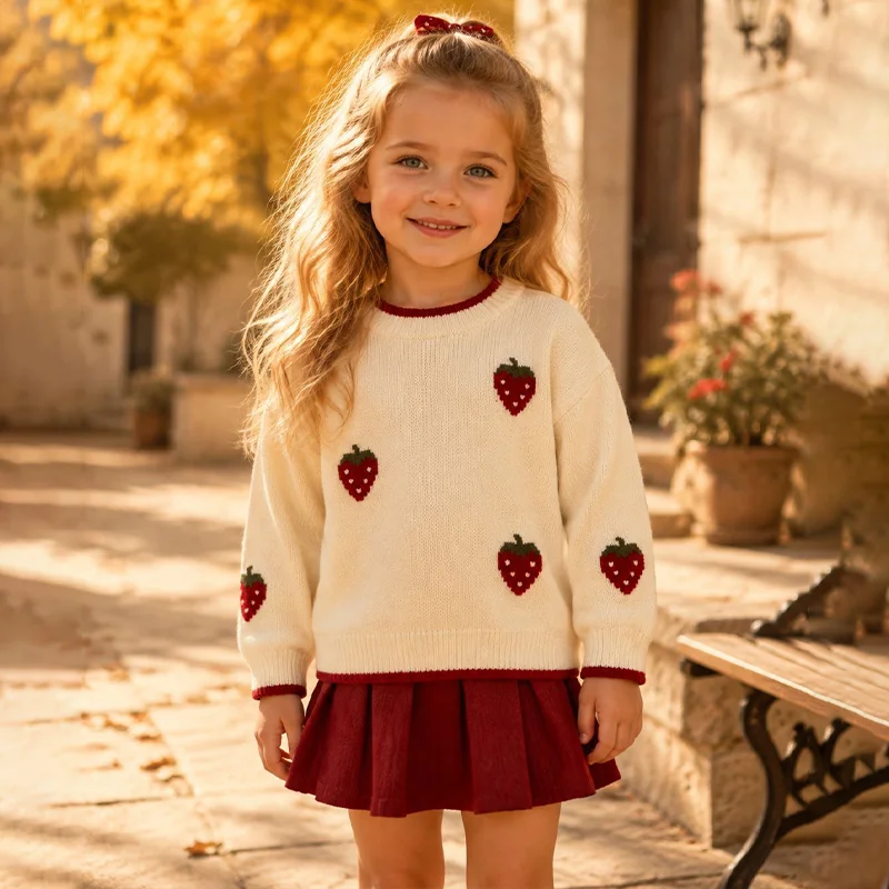 2-6 Years Girls Fashion Strawberry Knitted Sweater Autumn Winter Color Blocking Thicken Warm Pullover Kids Sweet Crew Neck Top