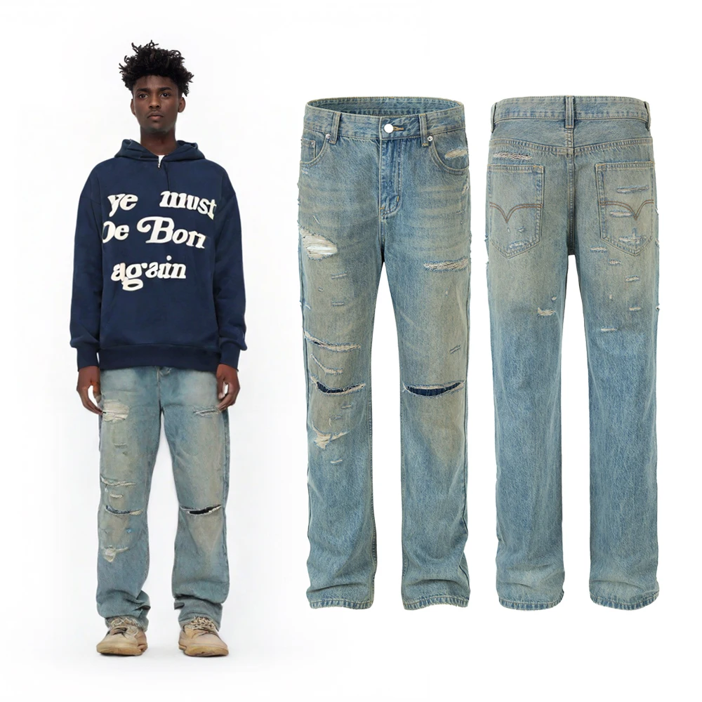 

Новая уличная одежда, свободные мешковатые джинсы с потертостями, Y2k, мужская одежда, хип-хоп, уличный стиль, повседневные рваные джинсы в стиле ретро в стиле рок, двусторонние джинсы
