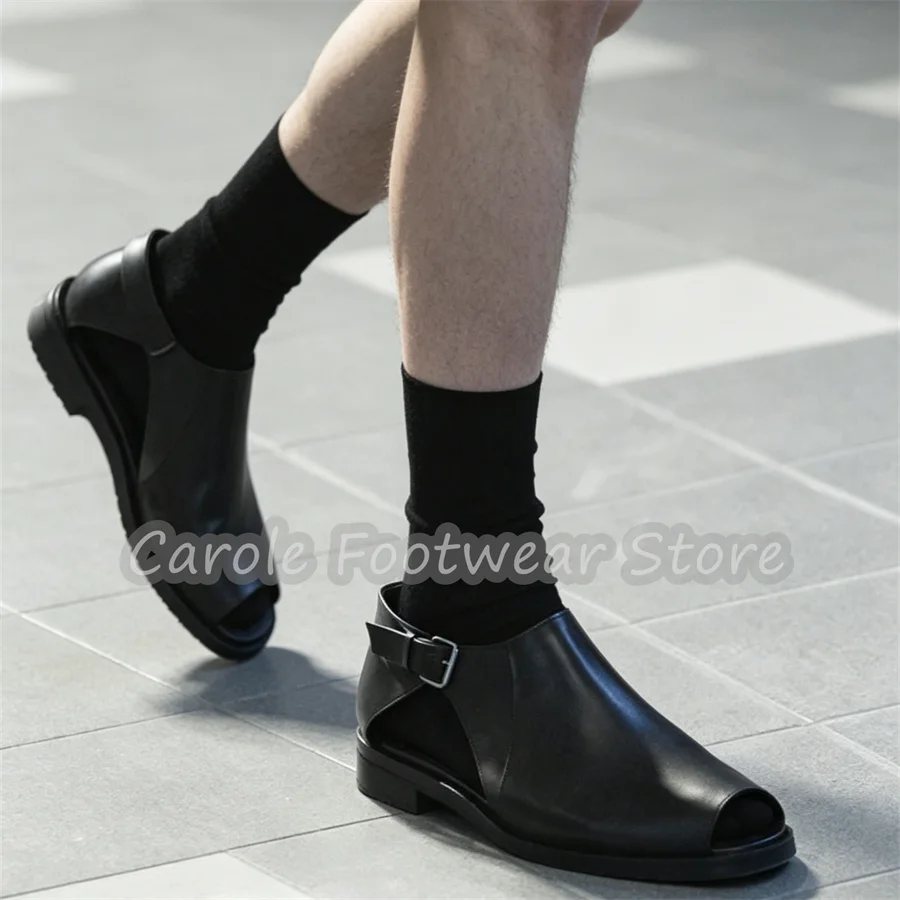 Handmade Genuine Leather Hollow-Out Male Sandals Open Toe High Top Buckle Strap Cool Boots Summer Breathable Casual Shoes