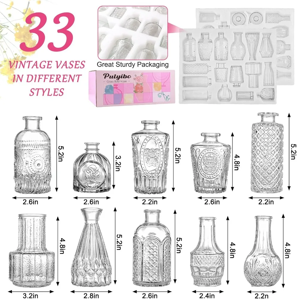 Glass Bud Vase Set of 33 Pcs, Small Vases for Rustic Wedding Centerpieces, Mini Vases Bulk Home Table Flower Decor, Clear