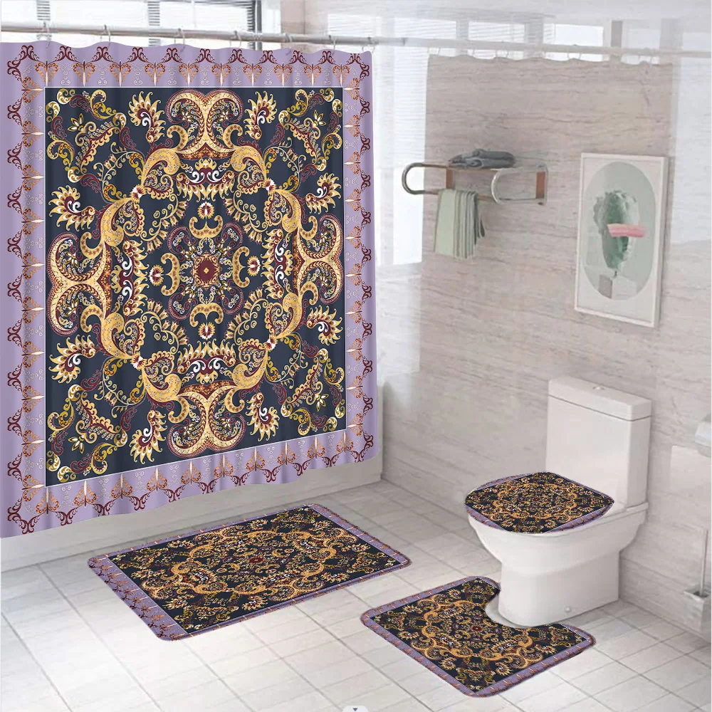 Bohemian Mandala Indian Shower Curtain Set Bathroom Screen Paisley Floral Boho Yoga Abstract Tribal Colorful Bath Mat Toilet Rug