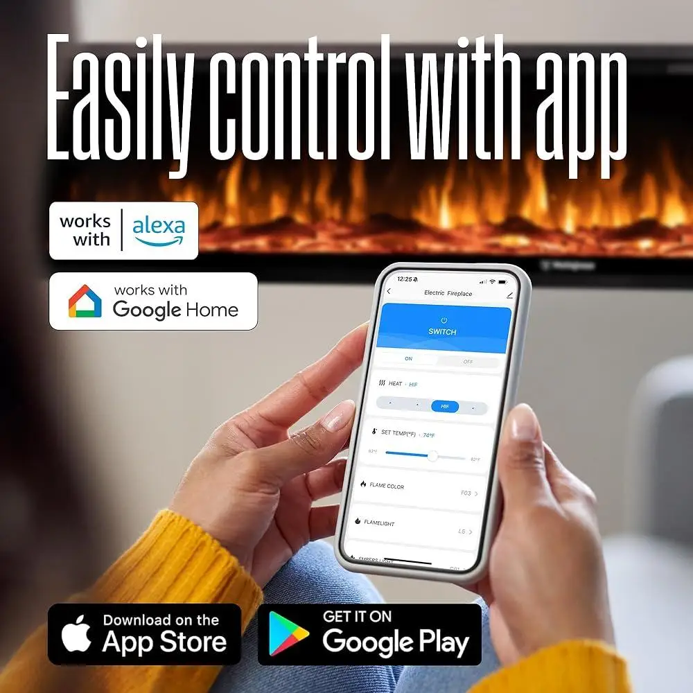 50 Inch Electric Fireplace Heater Smart Control Compatible with Alexa Google Home Adjustable Heat Multi Color Flames Wall Mount