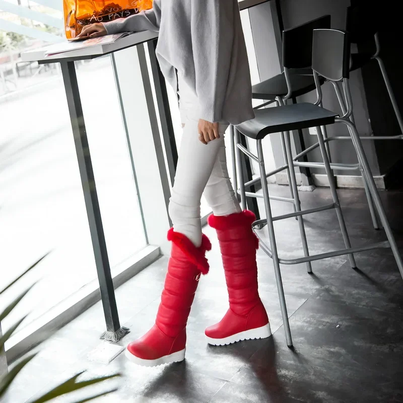 2024 Winter Women Warm Fur Plush Knee-high Snow Boots Red White Black Round Toe Buckle Height Increased Platform Lady Long Boots