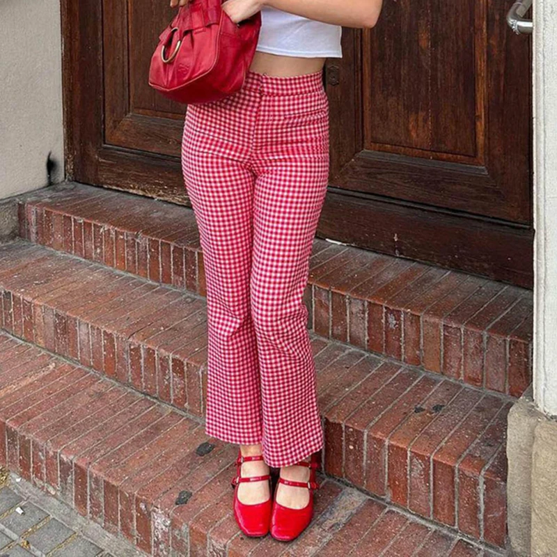 

Retro Plaid Slightly Flare Pants Women High Waist Slim Fit Fashion Casual Sweatpants Y2K Aesthetic Vintage Trousers Streetwear