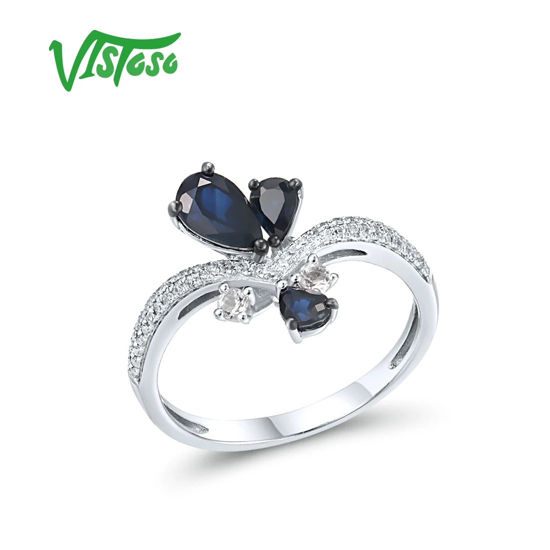 

VISTOSO Genuine 14K 585 White Gold Rings For Women Sparkling Blue Sapphire Diamond White Topaz Rings Delicate Chic Fine Jewelry