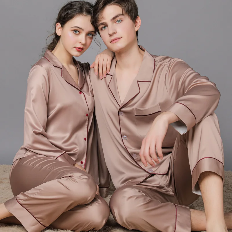 PLUS SIZE Couple Pajamas Set Spring Autumn Sleepwear Long Sleeve Trouser Suit Pyjama Fashion Loose Satin Home Wear Lounge Wear