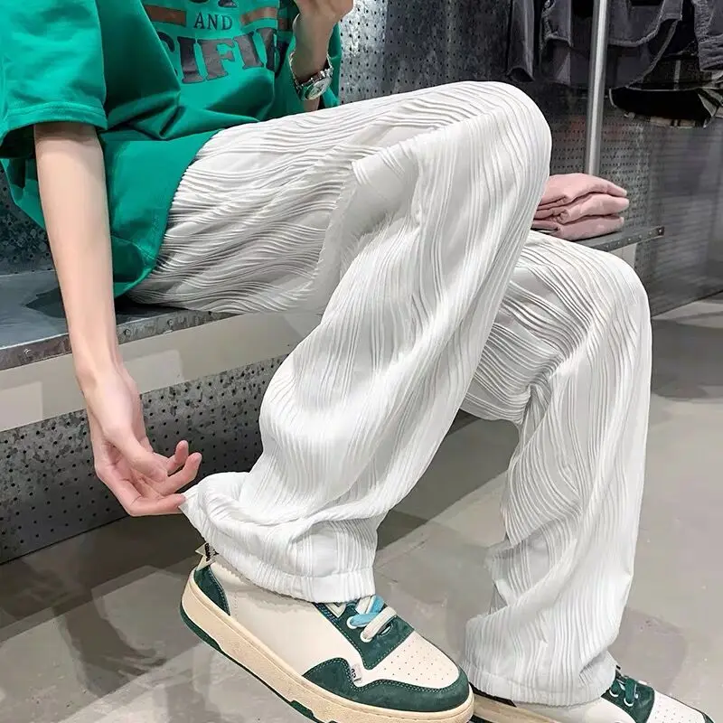 Women Water Wave Striped Pants Wide Leg City Boy Men Loose Trousers White Drawstring Ice Silk Cool Draped Streetwear Chic Pants