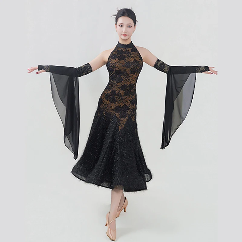 2026 Ballroom Dance Dress Women White Black Lace Long Dress Waltz Dance Performance Clothes Competition Dress Prom Wear BL20421