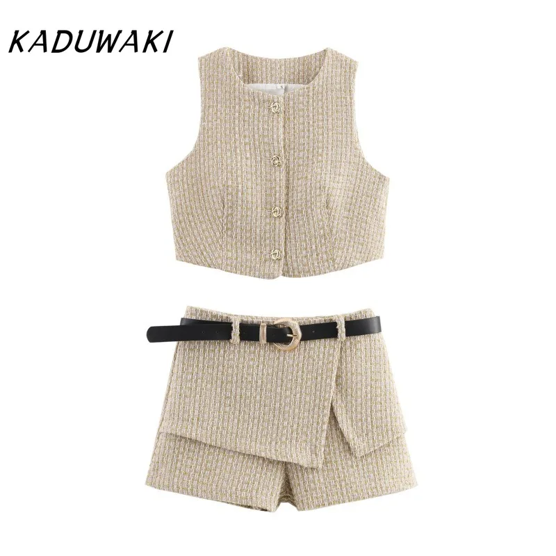 

KADUWAKI Tweed Short Sets Women's Suit Spring Crop Button Vest Woman 2 Piece Set Outfit Fashion Mini High Waist Shorts Camisas