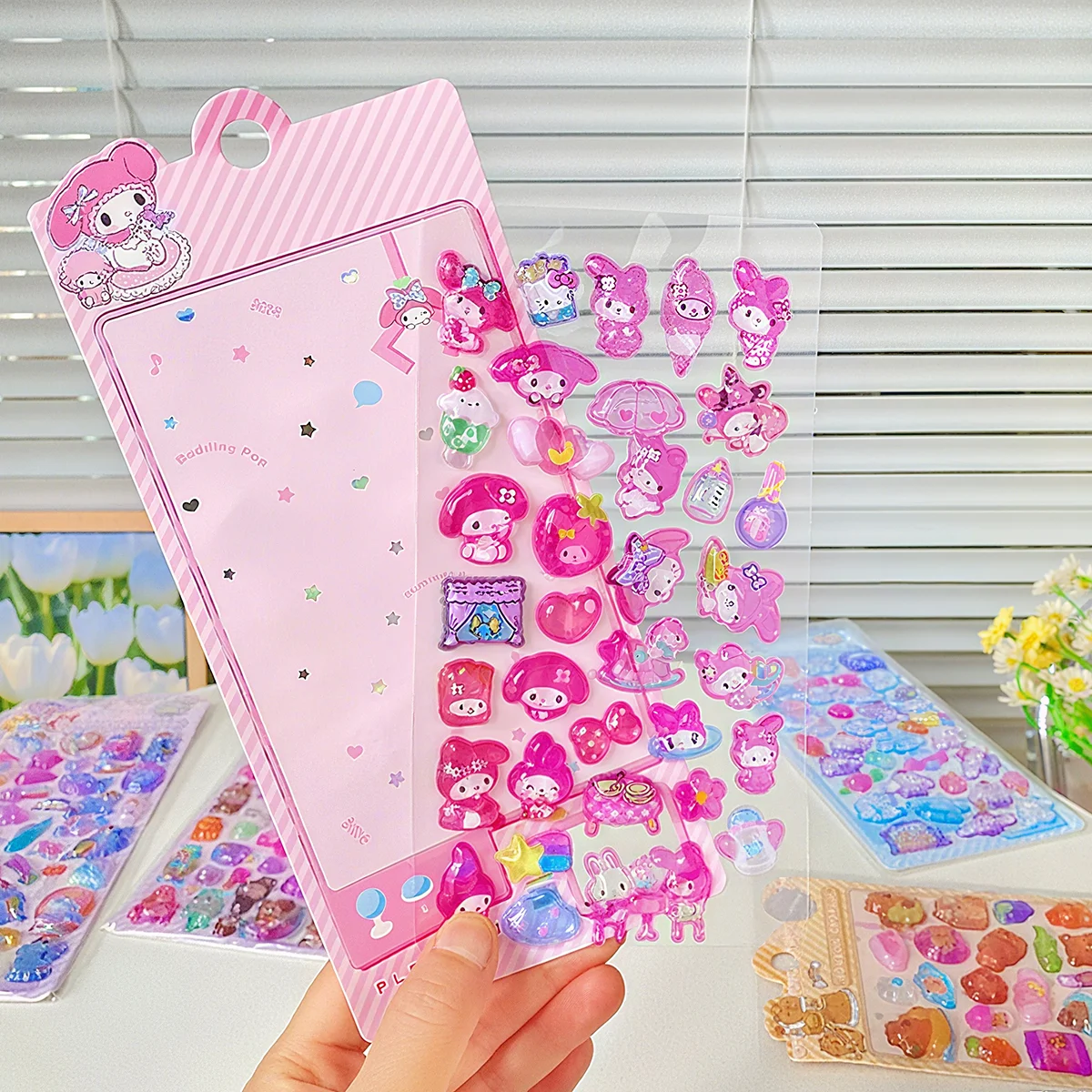 4 Pcs Mix Sanrio Cartoon Stickes Capybara Kuromi 3D Stereo Crystal Sticker Handbook DIY Material Sticker
