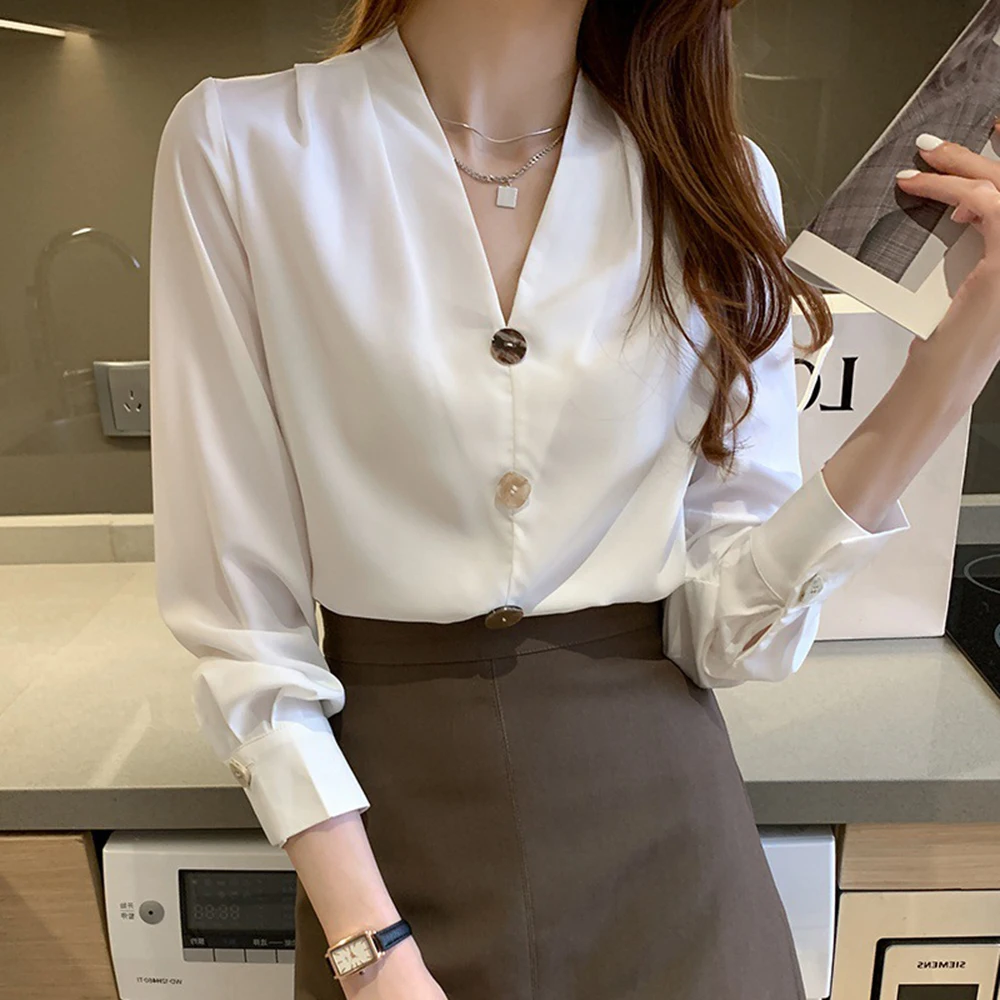 Elegant Solid Shirt Women's Spring Summer Smooth Fabric V-neck Single Breasted Long Sleeves Top Button Design Office Lady Top