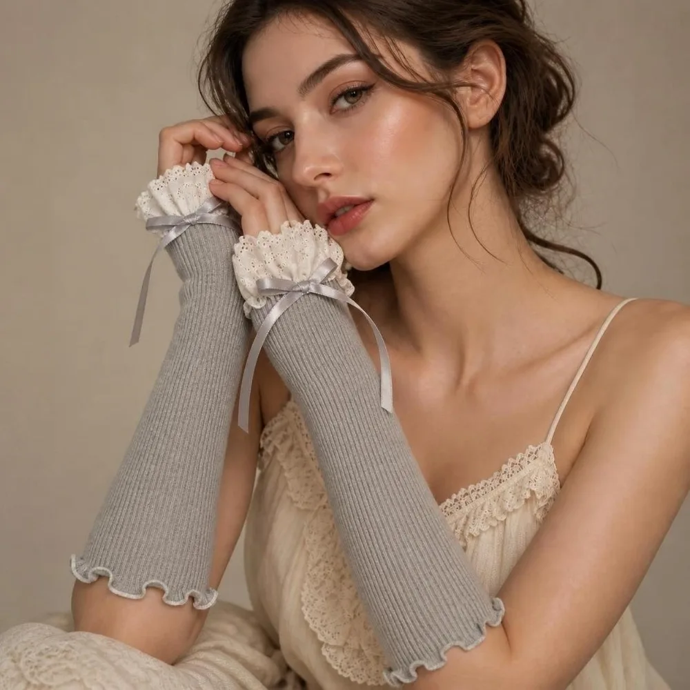 1 Pair 30cm Fingerless Arm Sleeves Elastic Ruffle Cuff Long Length Lace Elbow Sleeves Fingerless Design Sun Protection