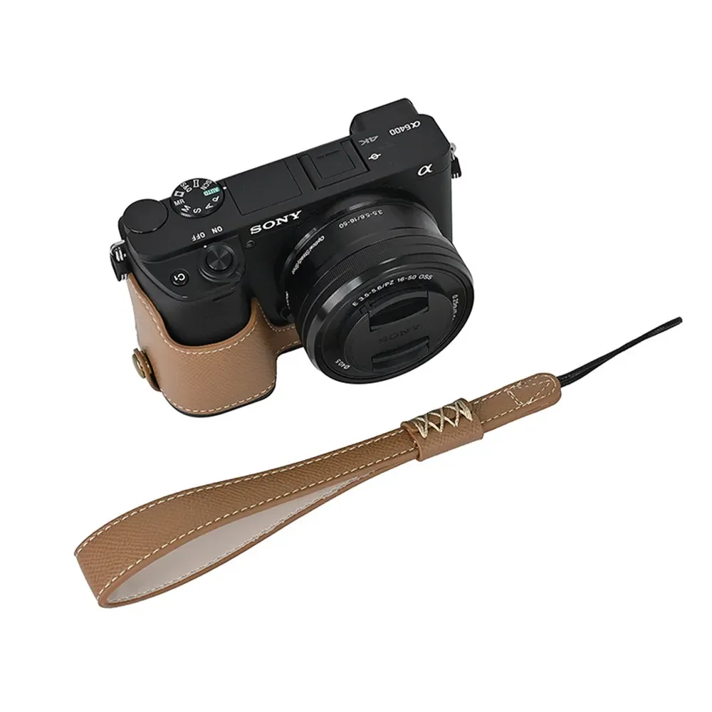 Camera Half Body Case For Sony A6400 A6300 A6000 A6100 Battery Opening Bottom Cover With Hand Strap Palm Print PU Leather