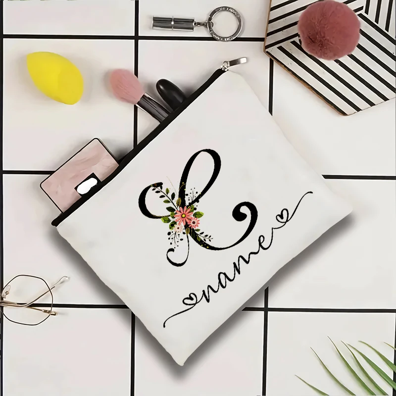 Vintage Script Floral Canvas Zipper Pouch Large,Women Birthday Travel Essentials,Cosmetic Bag with Personalized Custom Name Lady