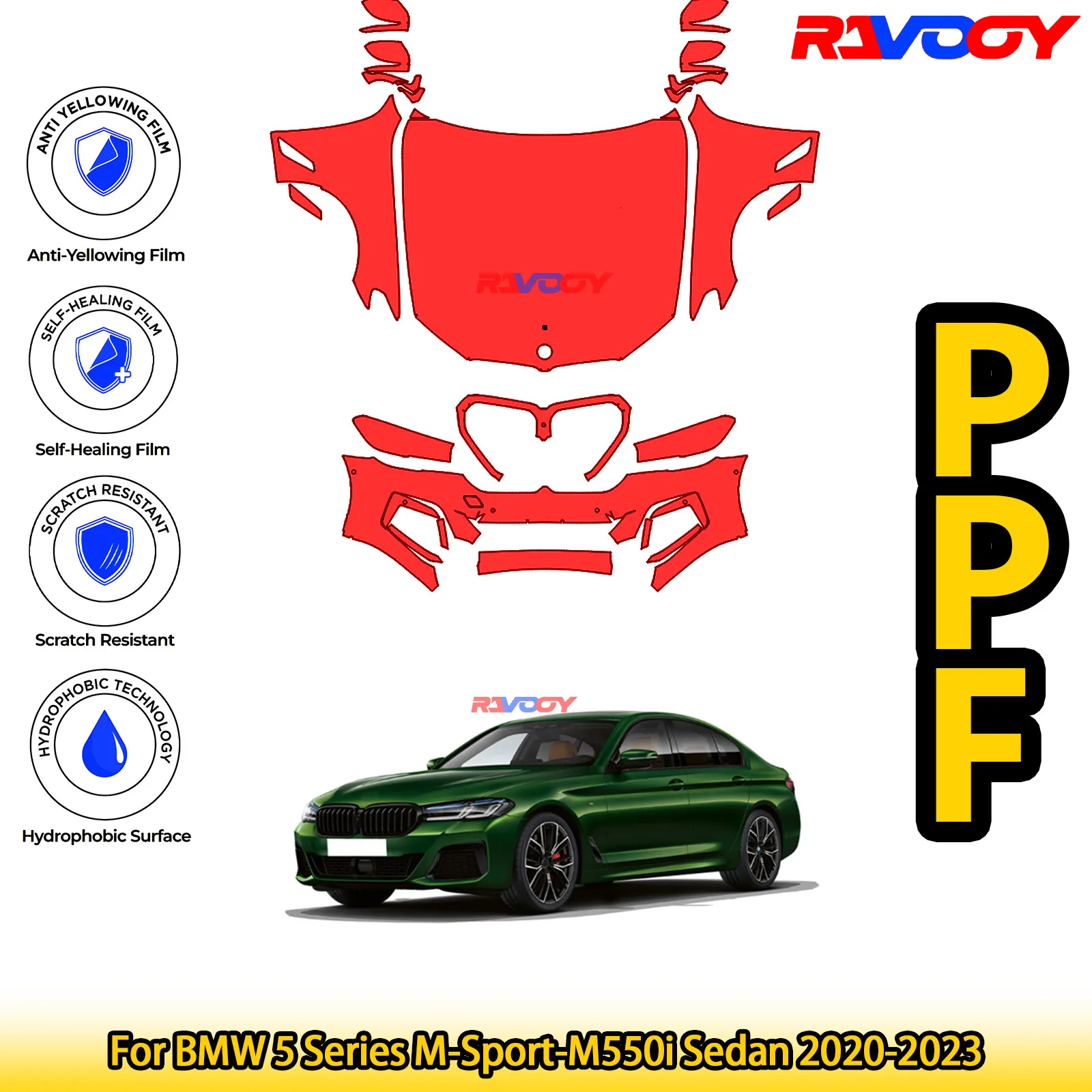 

For BMW 5 Series M-Sport-M550i Sedan 2020-2023 Glossy Matte Black Precut front PPF Kit Paint Protection Film