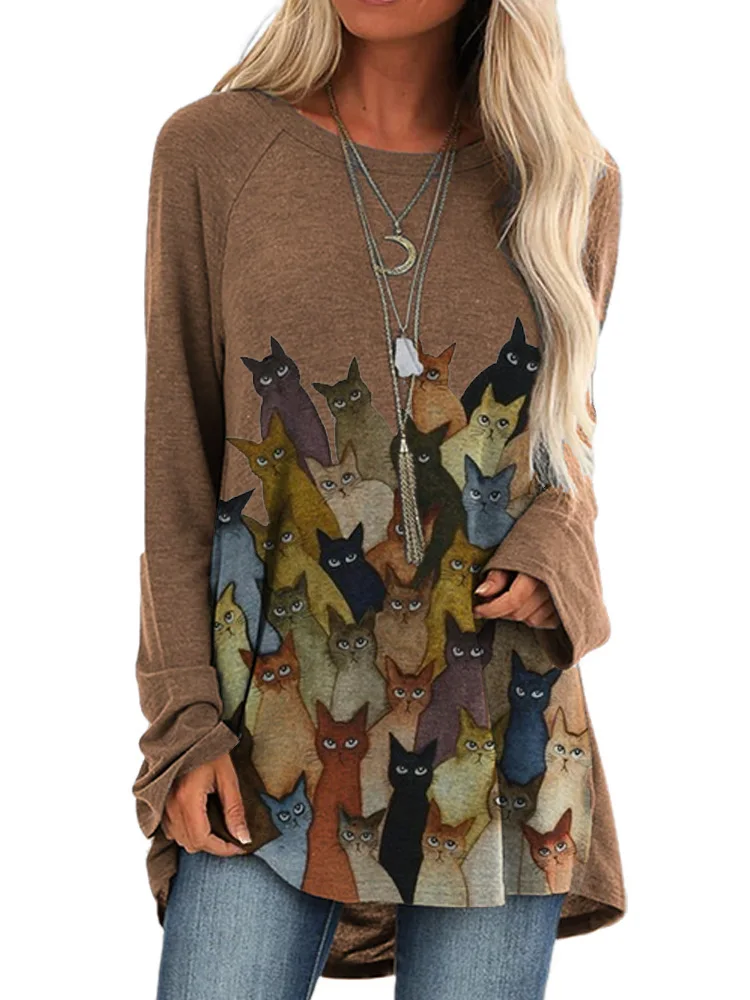 Autumn Cute Cat Long Sleeve T-Shirt Portrai Painting Vintage Women T Shirts Oversized Blusas Streetwear Harajuku Female Clothing