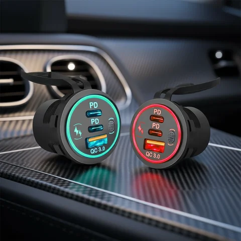 Car Charger Socket PD3.0 & QC3.0 Double USB C Ports Waterproof with LED Touch Switch 78W Fast Charging 12V/24V For Moto Adapter