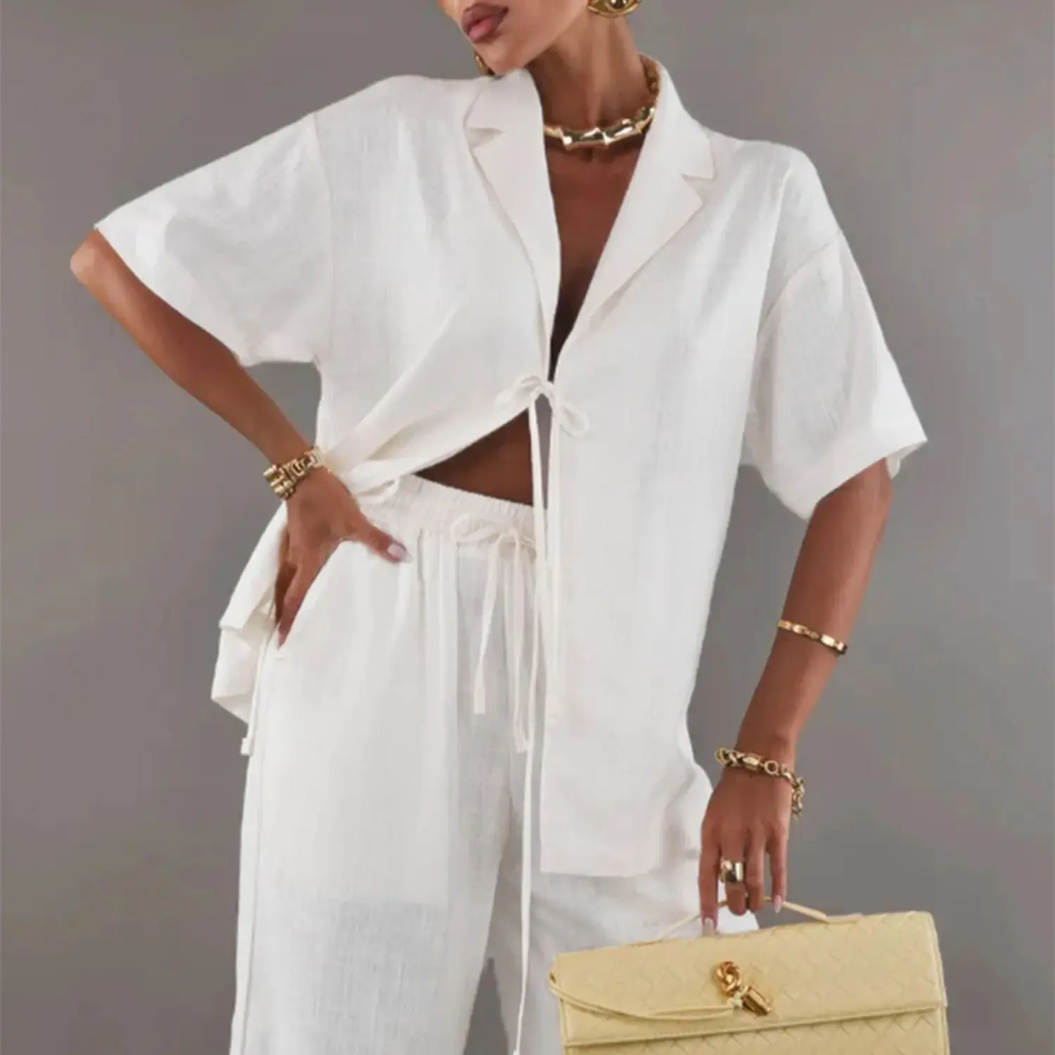 

WXOY Women 2 Piece Outfits Cotton Sets Lounge Casual Lounge Set Front Tie Short Sleeve Shirts Wide Leg Pants Sets Tracksuit