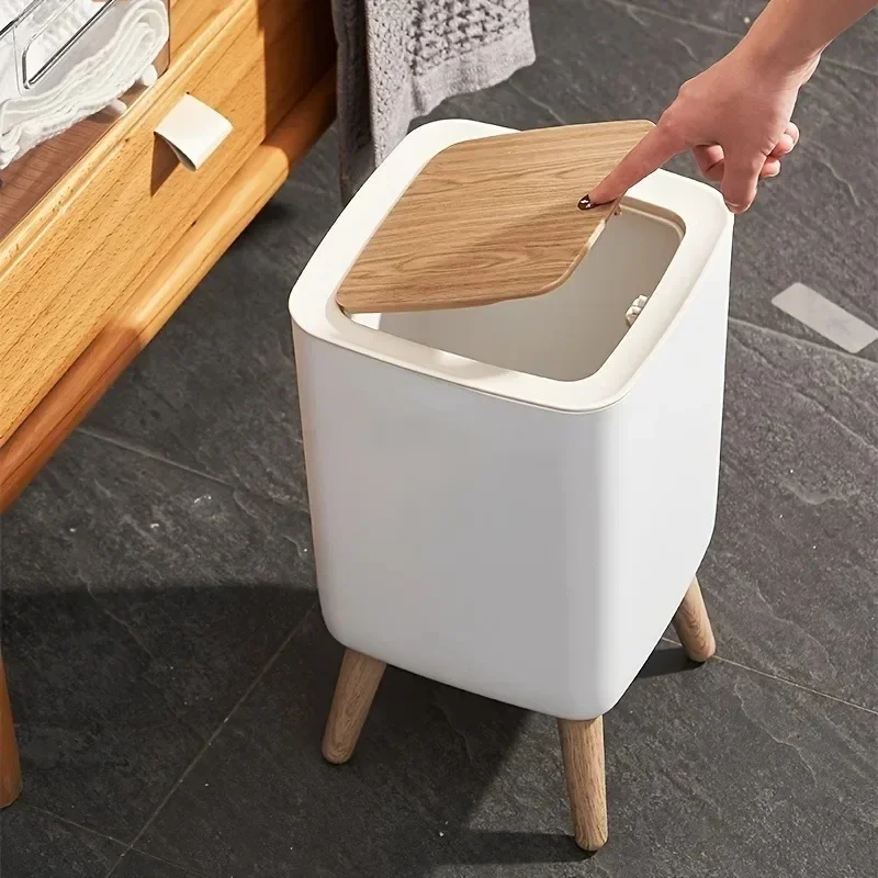 High Foot Imitation Wood Trash Can with Lid Garbage Bucket for Livingroom Toilet Bathroom Kitchen Office Pressing Type Waste Bin