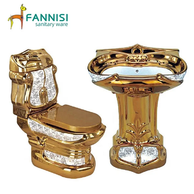 Luxury Electroplated Golden Ceramic Toilet and Pedestal Basin Set, European Royal Style Gold Bathroom Fixtures for Villa & Hotel