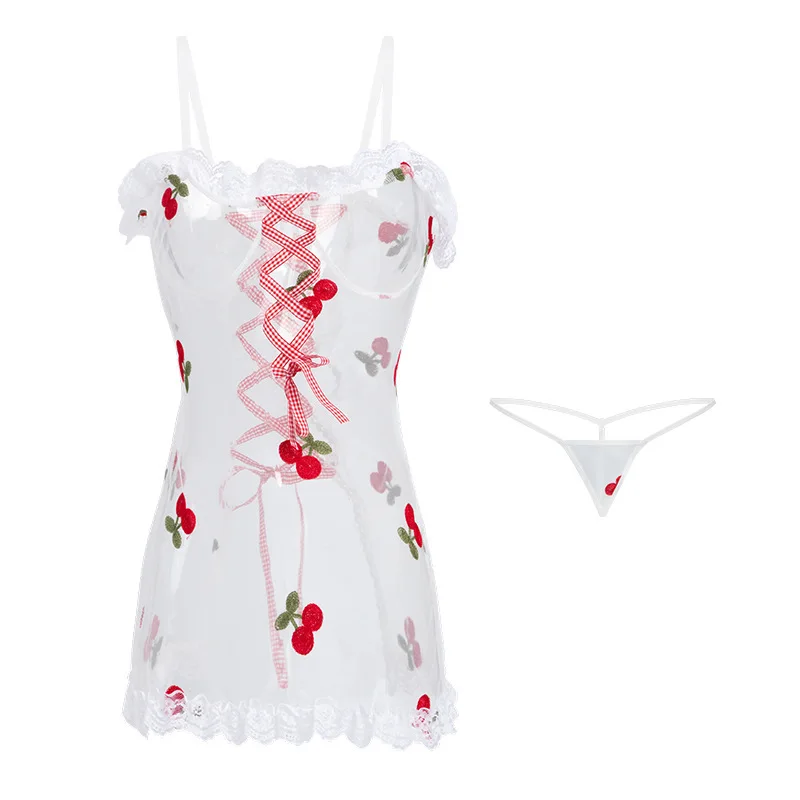 Sexy Lace Cherry Cute Mini Dress for Women Underwear Roleplay Lingerie Hollow Bandage Sleepwear Girl Sweet Suspenders Nightdress
