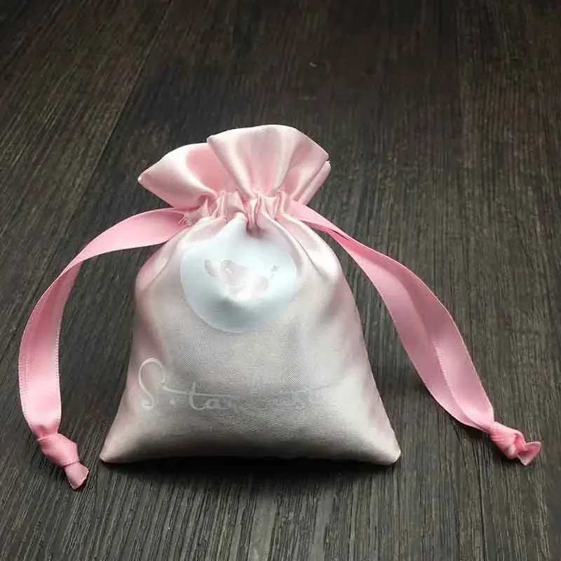 Satin Gift Bag Packaging Jewelry Custom Drawstring Pouch Print Logo Cosmetic Party Beaded Luxury Sachet Silk Bag Custom Ribbon