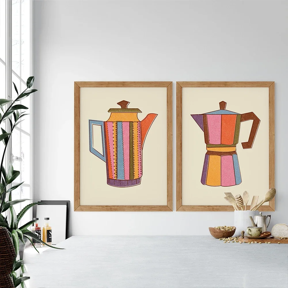 Retro Vintage Kitchen Canvas Painting Prints Afternoon Tea Coffee Posters Mid Century Modern Wall Art Pictures for Dining Room