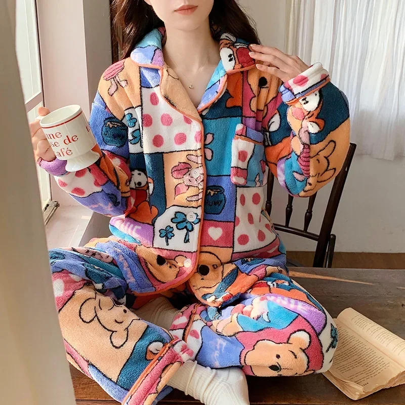 Disney Winnie the Pooh winter new flannel pajamas women\'s fleece thickened cute cartoon casual loungewear