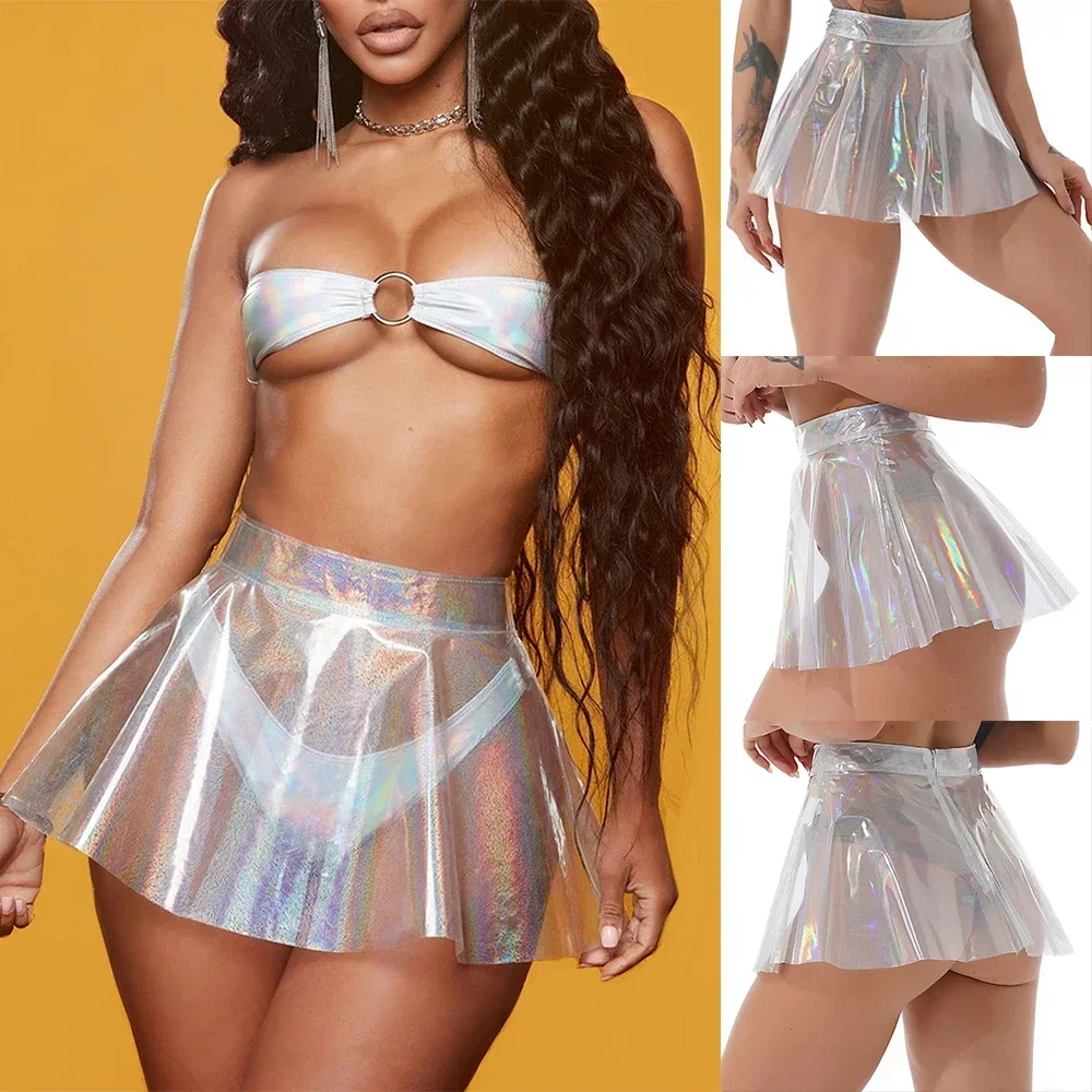 Mini-saia feminina transparente plissada em PVC, saia curta elegante, cintura alta para Clubwear