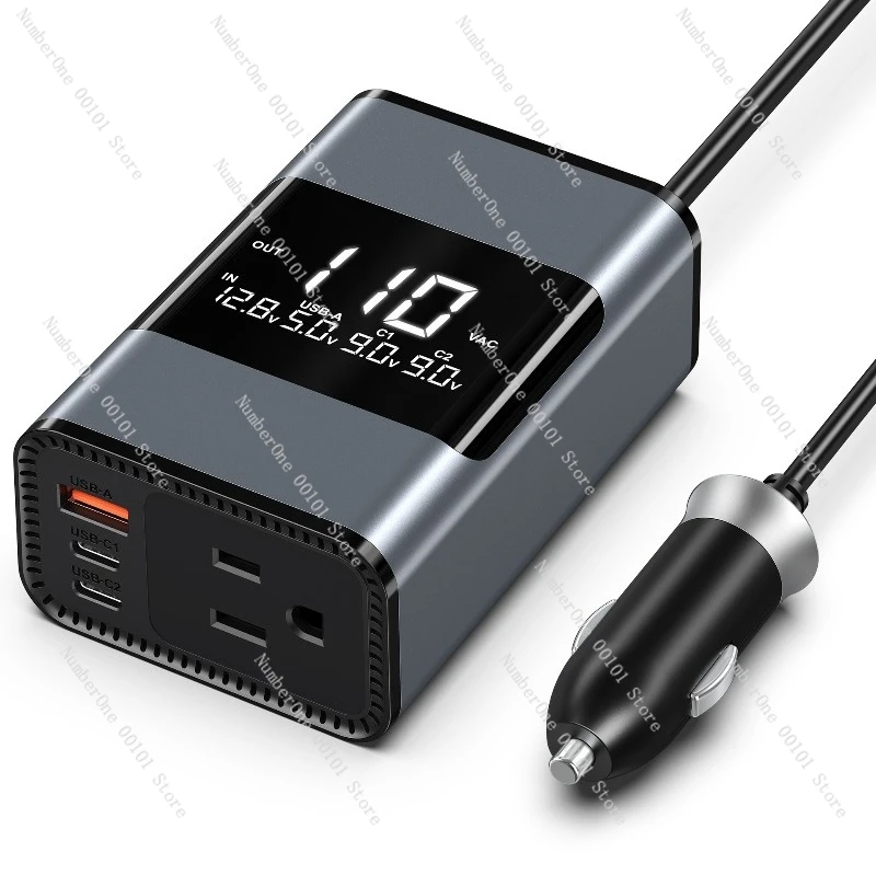 200W Large Screen Digital Display 12V to 110V US Plug Mini Car Inverter Multi-Function Power Station