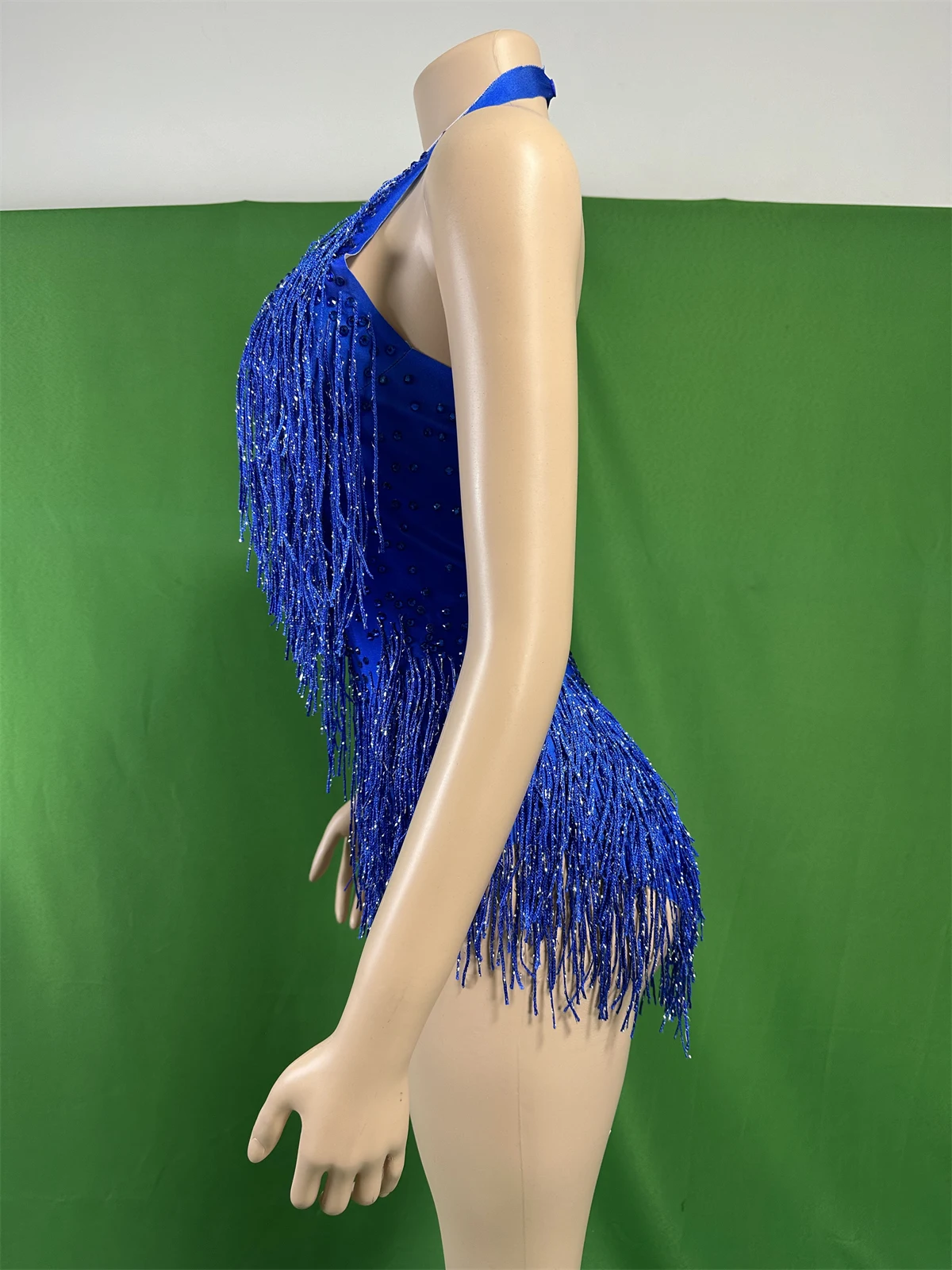 

Women Royal Blue Rhinestone Dancing Stretch Latin Jazz Bodysuits Salsa Tassel Leotard For Drag Queen Costumes 2025