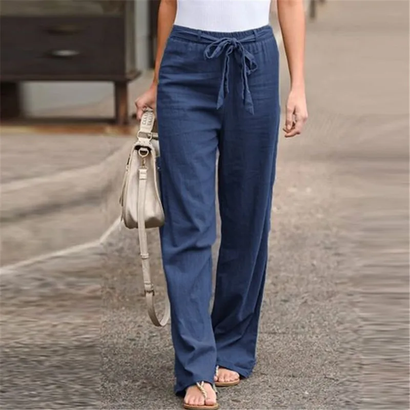 Women Casual Cotton Linen Pants Summer Solid Color Loose Elastic Waist Trousers polyester Lace Up Wide Leg Pants Straight Pants