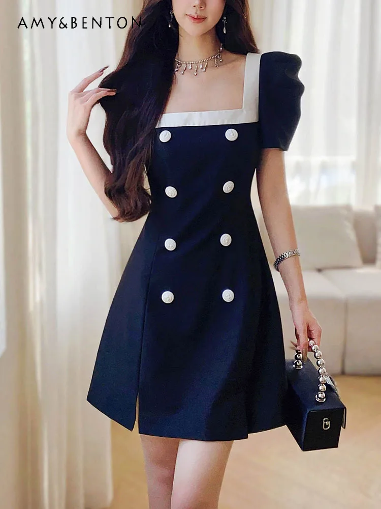 

French Hepburn Style Graceful Black Square Collar Mini Dress Summer High Sense Socialite Fashion Double Breasted A-line Dresses