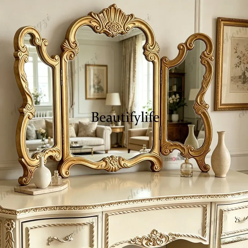 E182 European retro three-fold makeup mirror, dresser three-sided mirror, French bathroom wall-mounted bathroom mirror