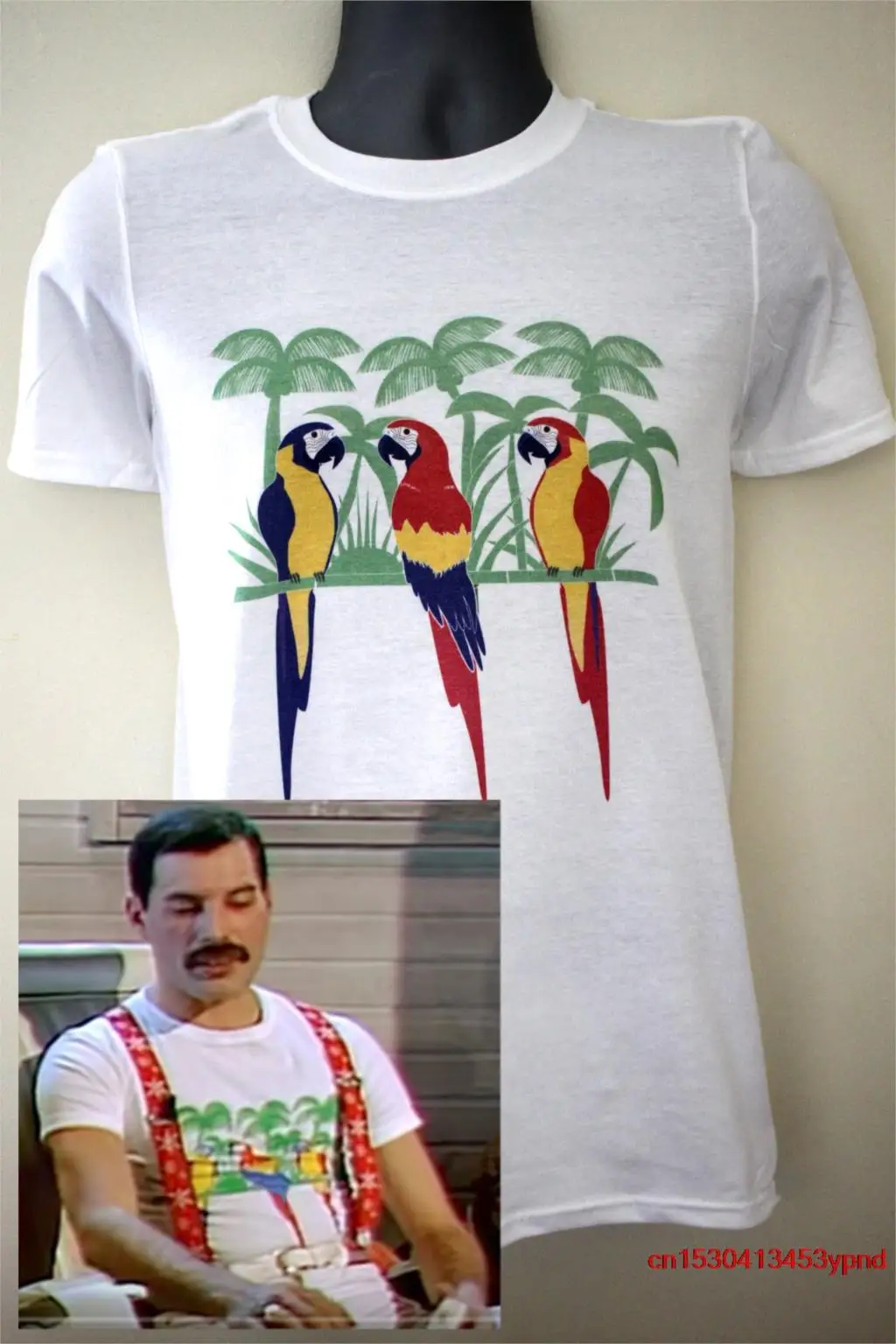 Parrot t-shirt worn by Freddie Mercury 1985 Queen Brian May Taylor flash-1 man's t-shirt queen tee