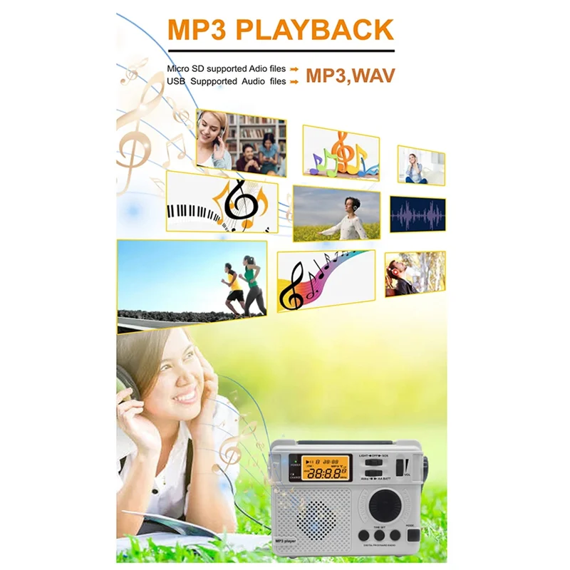 

LBER FM Radio Outdoor Hand Crank Emergency Radios Receiver 3000Mah Bluetooth Speaker Flashlight Support SOS Power Bank TF