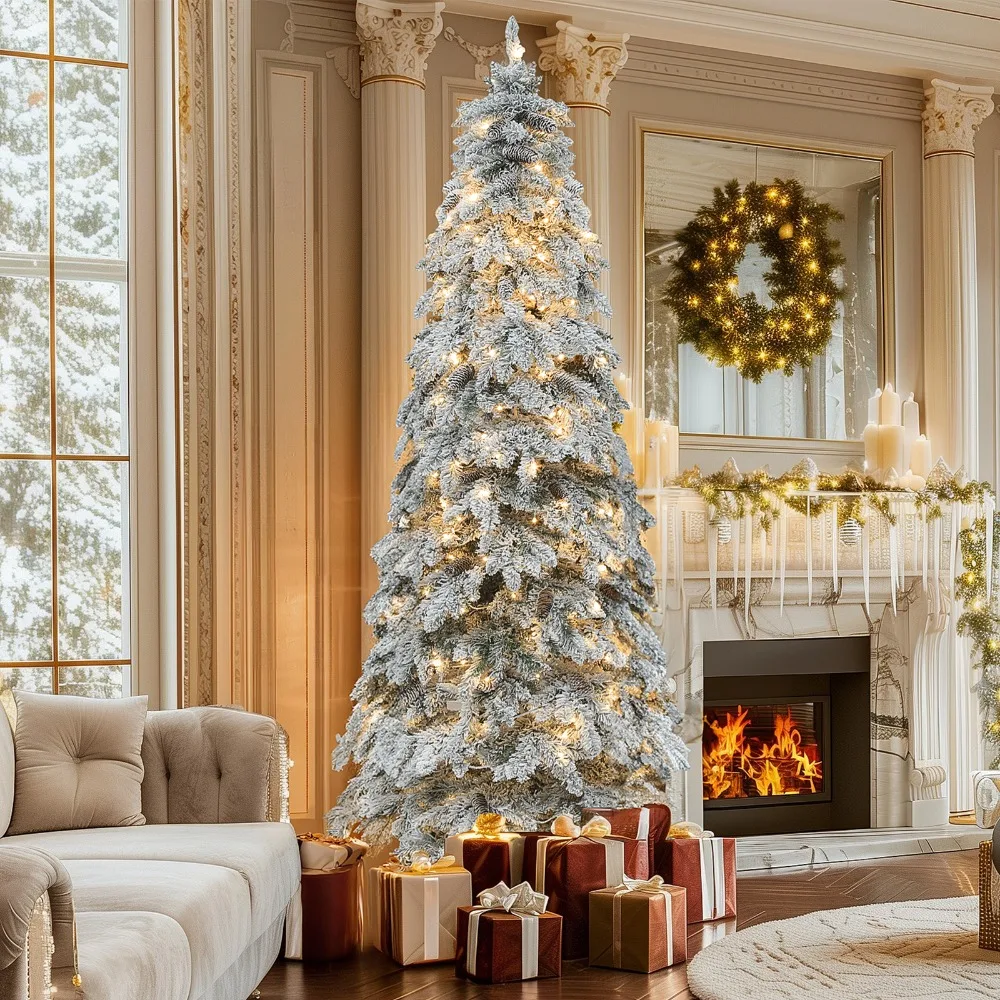 

7.5ft Pre-Lit Flocked Pencil Spruce Christmas Tree with Pine Cones Decor