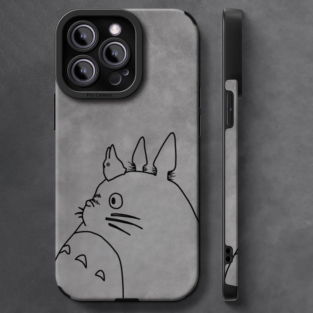 Luxuriöse, stoßfeste Leder-Lammfell-Handyhülle für iPhone 17 16 Pro Max Air 15 14 13 Max Totoro Line Sketch