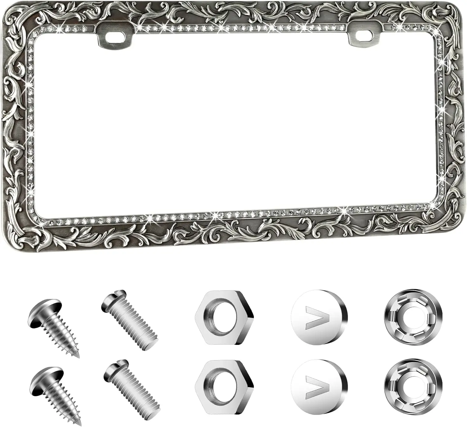 

Антикварная металлическая рамка для автомобильного номерного знака с кристаллами и стразами, универсальный дизайн с 2 отверстиями для замены автомобильных номерных знаков (1 шт.)
