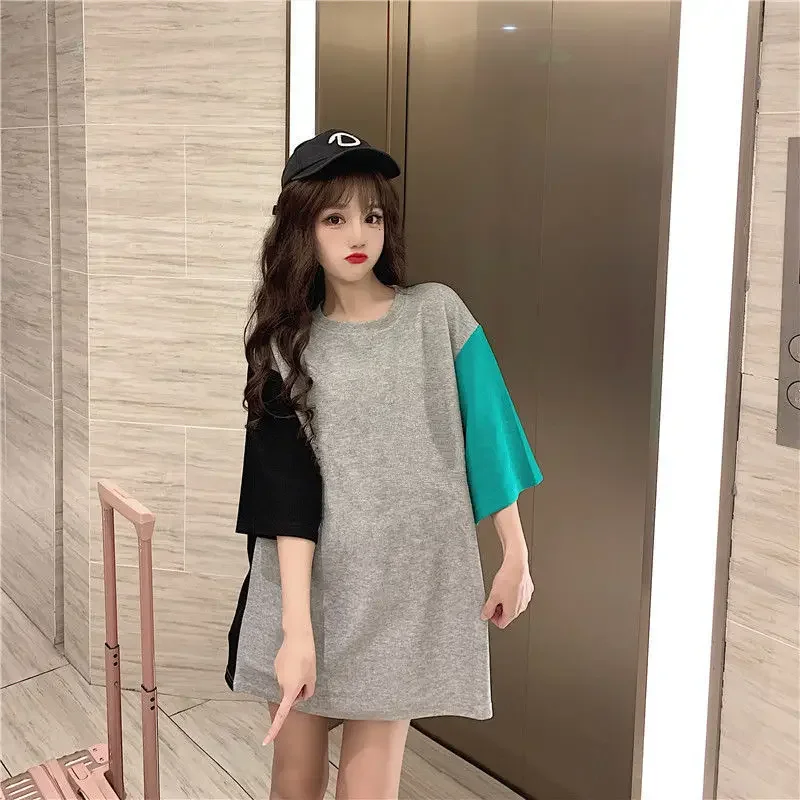 

Women Clothing Preppy Style Contrast Patchwork Loose T Shirts Korean New Summer Short Sleeve Lazy Style Tops Tees Fashion Casual