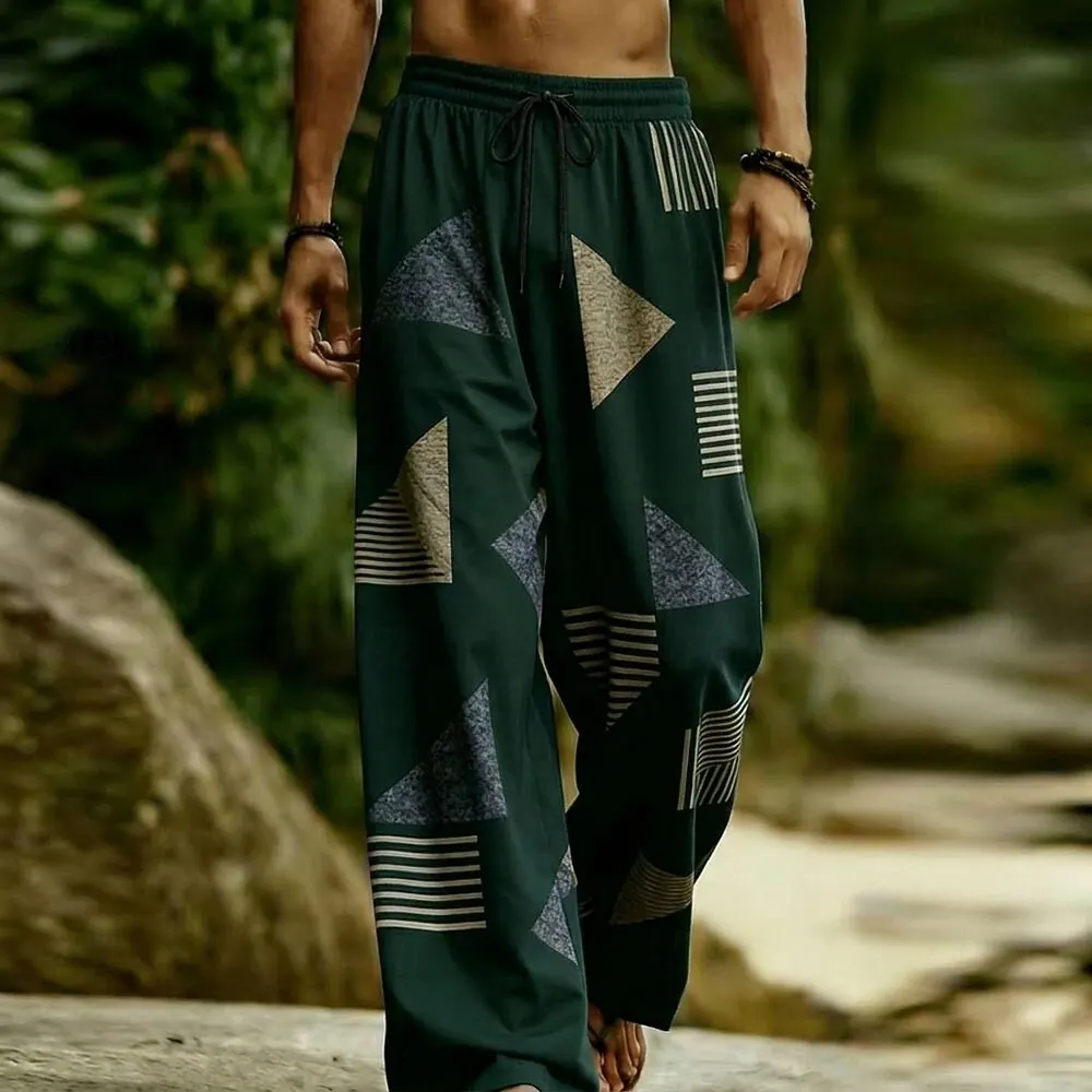 

Men's Abstract Triangle Geometric Print Wide Leg Trousers, Drawstring Waist for Spring Summer Outdoor Vacation Daily Casual Wear