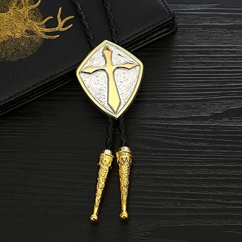 

New Fashionable Men's Geometric Shield Cross Leather Rope Pollo Ties As Gifts Wholesale