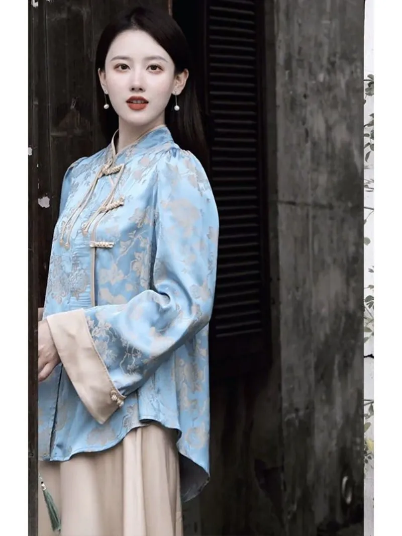 New Chinese Hanfu New Chinese Jacquard Button Top Style Vintage High Waist Half Dress Autumn Style