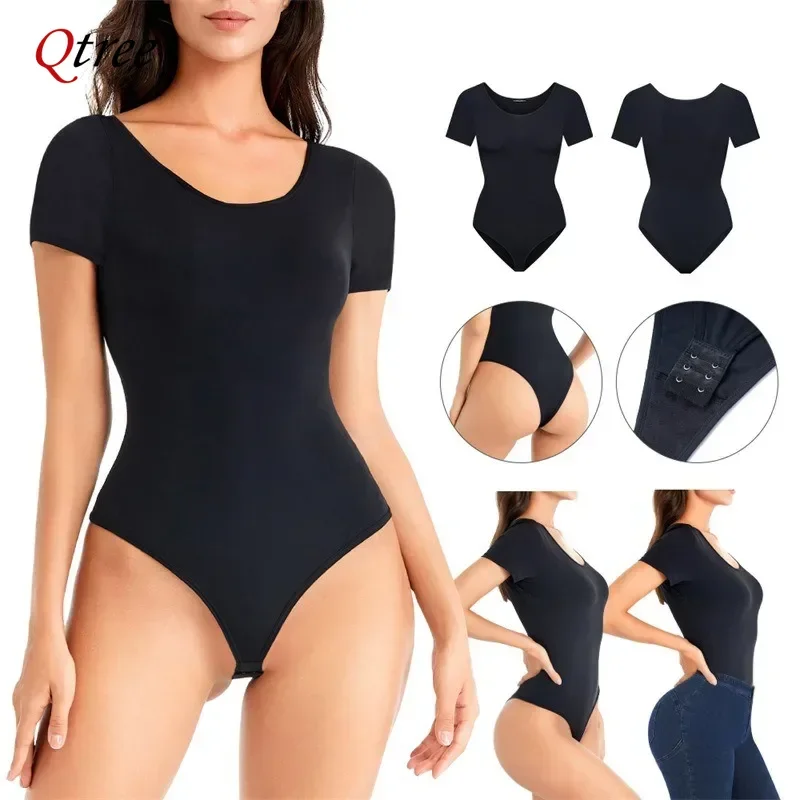 Qtree Plus Size Seamless Tummy Tucker Bodysuit Slimming Booty Lifting Shapewear for Women Short-Sleeved Waist Trainer Panties