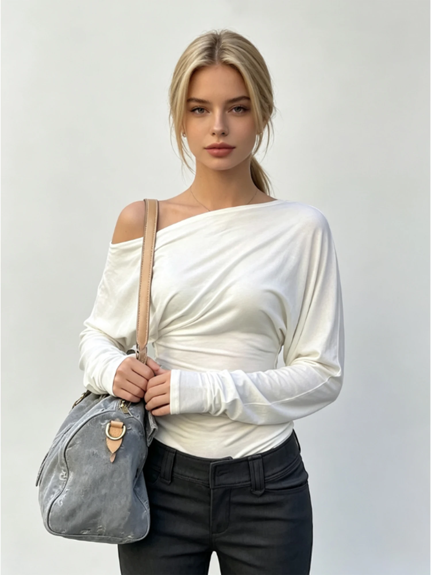 Women's White Emo T-Shirt Y2K Gyaru Korean style Long Sleeve Off Shoulder T-Shirt Fashion Vintage Tee Top for Women Autumn 2026
