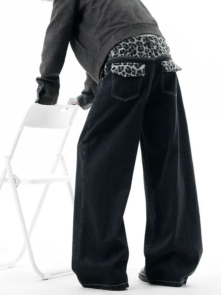 Men's Leopard Print Stitching Black Casual Pants Vibe 90s Unisex Sweatpants Male High Waist Y2k Cool Trousers Streetwear Men